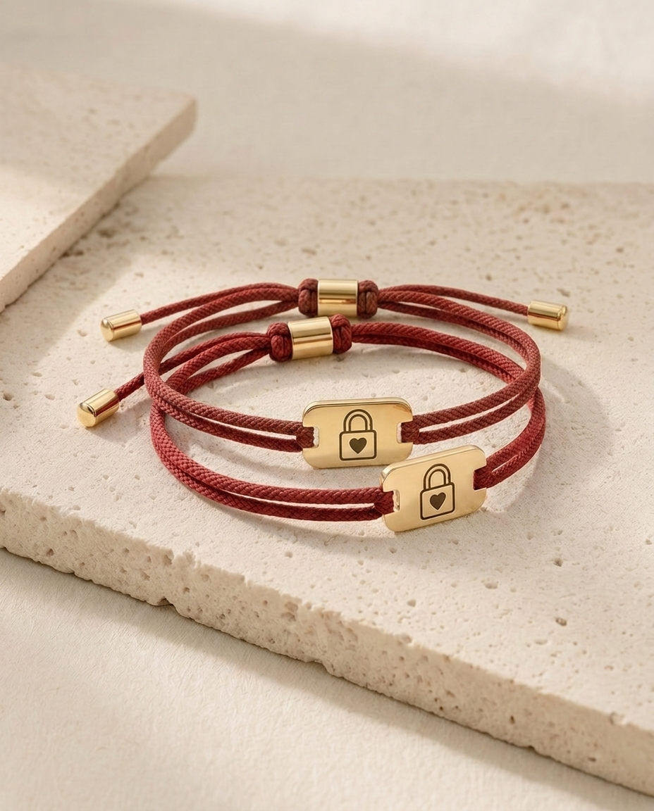 The Couples Pack - two matching red Taken status bracelets, gold tags
