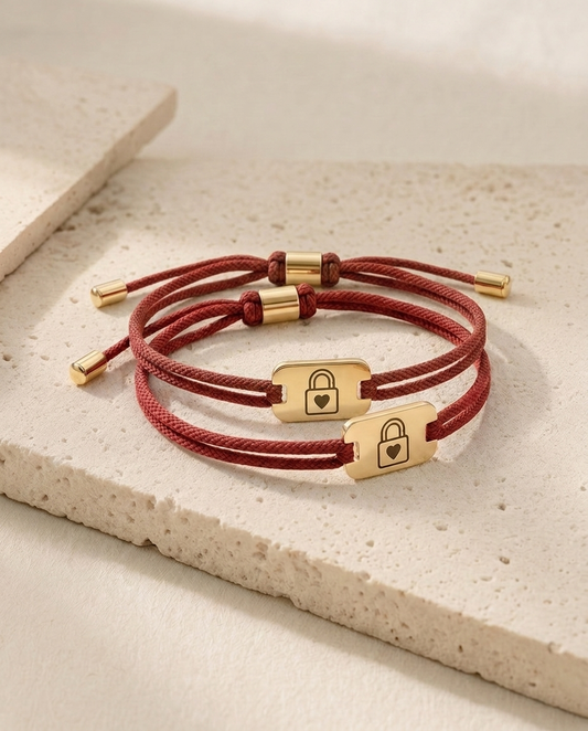 The Couples Pack - two matching red Taken status bracelets, gold tags