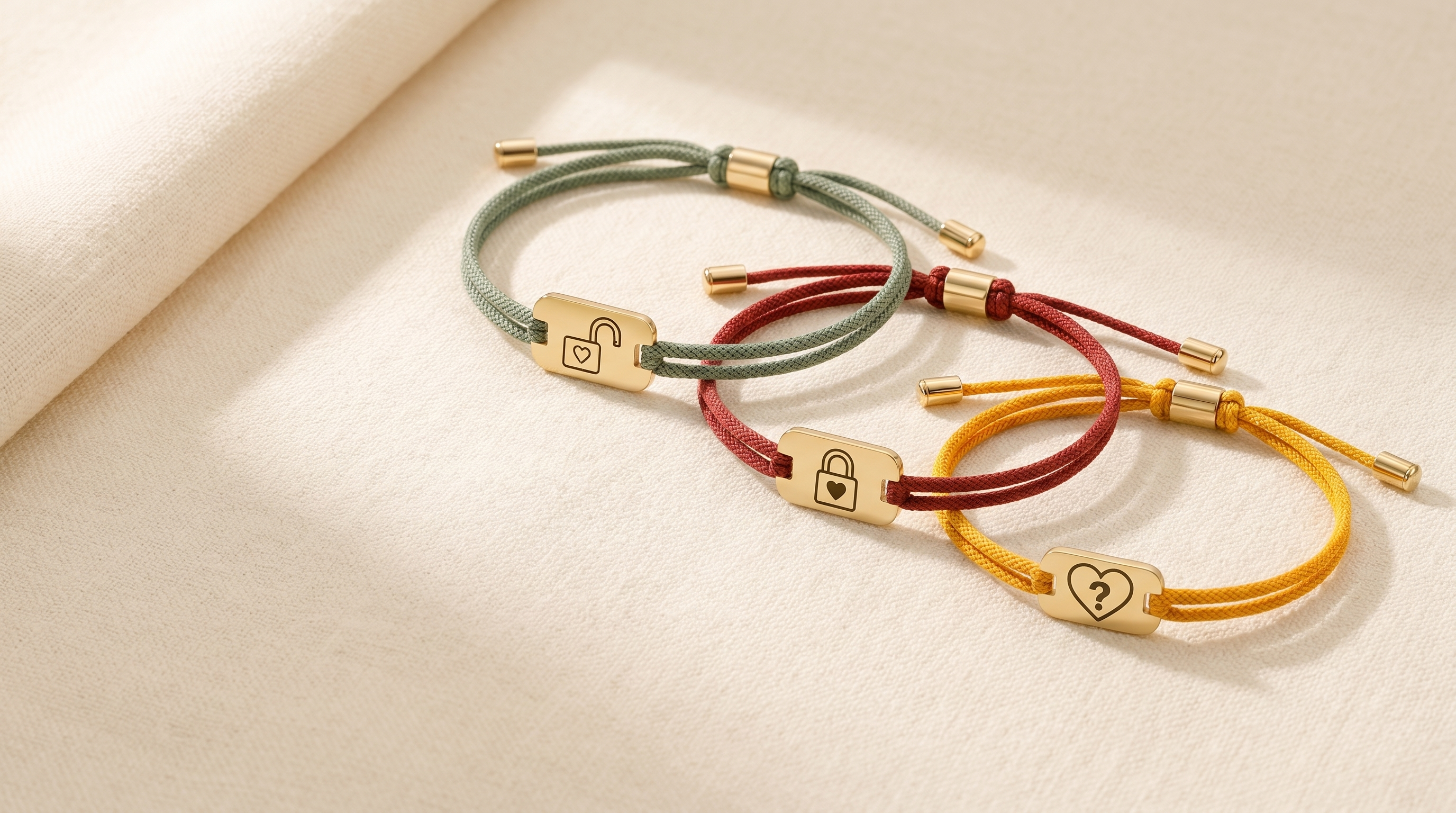 Status Bracelet trio on cream linen
